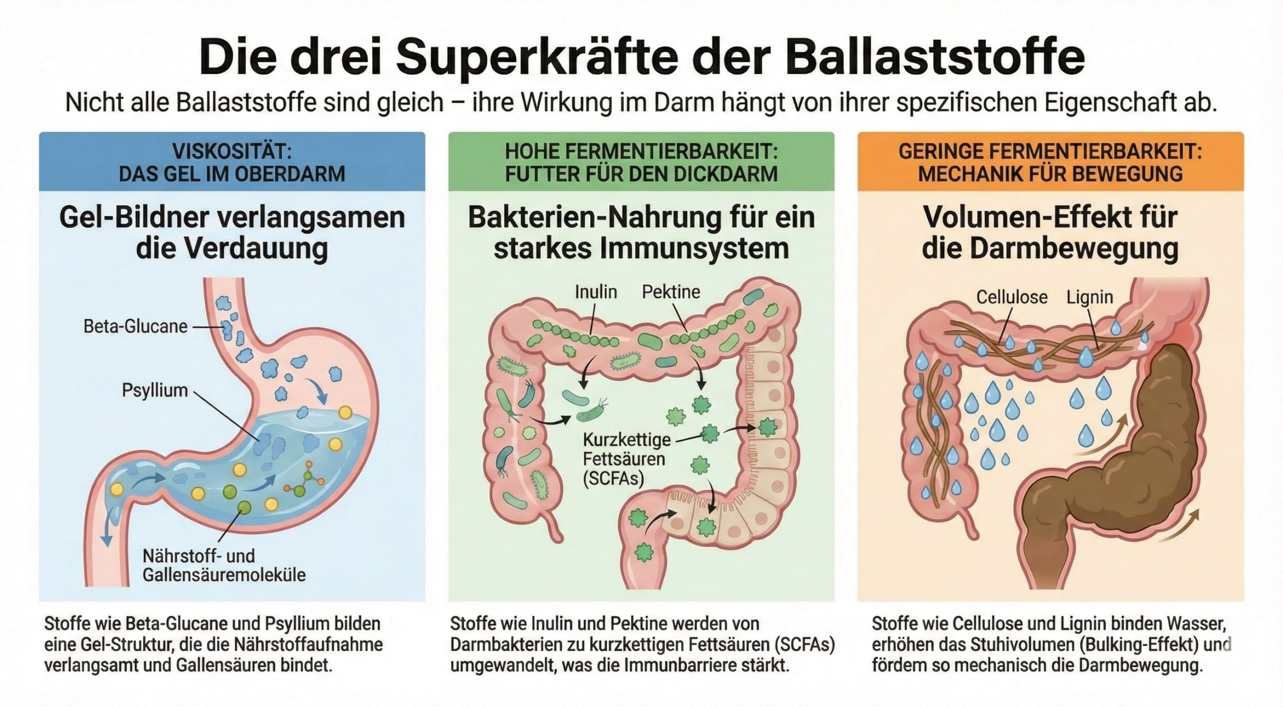 Infografik mit dem Titel &bdquo;Die drei Superkr&auml;fte der Ballaststoffe&ldquo;. Sie erkl&auml;rt in drei Spalten die unterschiedlichen Wirkungsweisen von Ballaststoffen im Darm: 1. Viskosit&auml;t (Gel-Bildung verlangsamt Verdauung), 2. Hohe Fermentierbarkeit (Bakteriennahrung st&auml;rkt Immunsystem) und 3. Geringe Fermentierbarkeit (Volumen-Effekt f&ouml;rdert Darmbewegung).