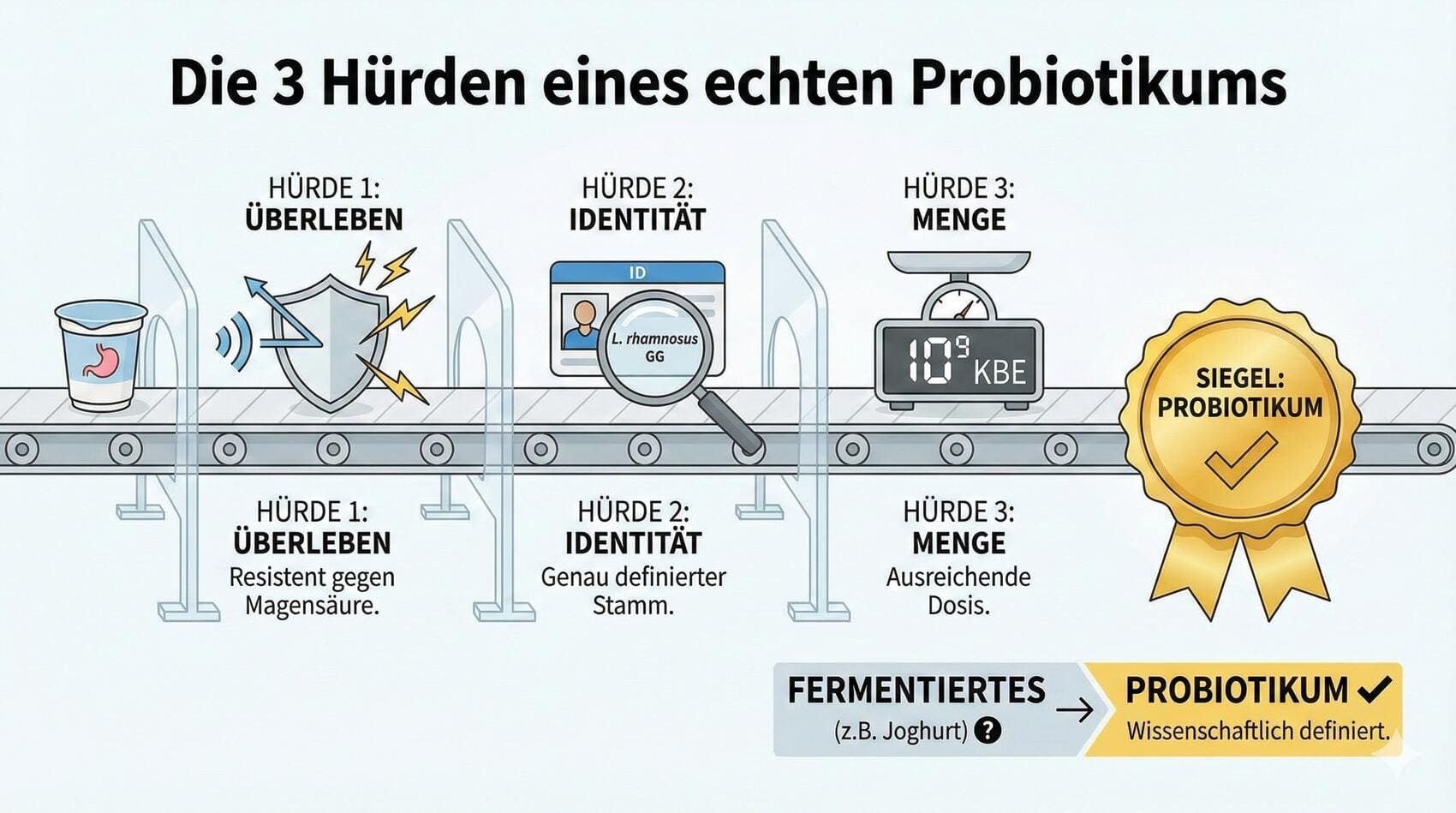Infografik zu den drei Kriterien eines echten Probiotikums: 1. &Uuml;berleben der Magens&auml;ure (Lebendigkeit), 2. Spezifische Bakterienst&auml;mme statt allgemeiner Gruppen (Stammabh&auml;ngigkeit), 3. Ausreichende Menge von mindestens $10^9$ KBE (Dosisabh&auml;ngigkeit). Die Grafik erkl&auml;rt den Unterschied zwischen fermentierten Lebensmitteln und definierten Probiotika.