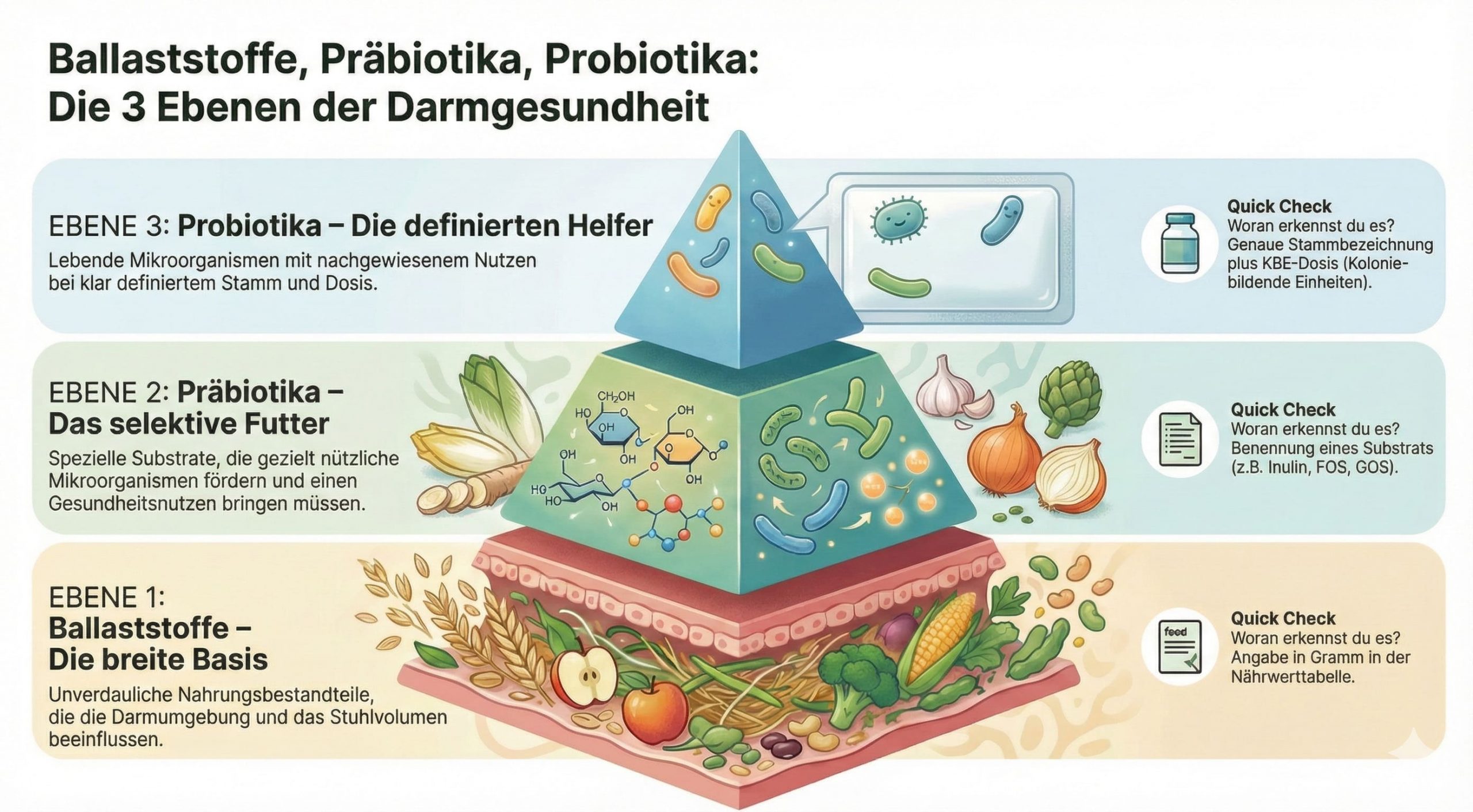 Diagramm, das Ballaststoffe als breite Basis f&uuml;r Darmumgebung und Stuhlvolumen zeigt, Pr&auml;biotika als selektives Substrat f&uuml;r bestimmte Mikroben darstellt und Probiotika als definierte St&auml;mme mit Dosisangabe einordnet, sodass die Unterschiede als drei Ebenen eines Systems sichtbar werden.